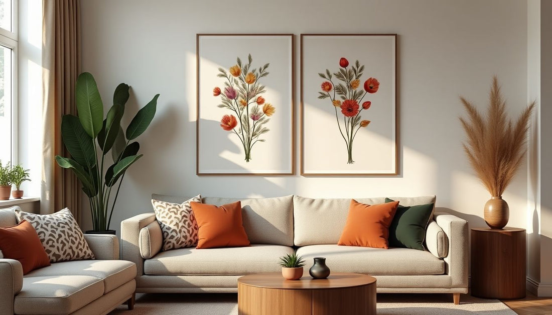 Botanical wall art canvas in an earthy-toned living room with patterned furniture. Home decor, interior design.
