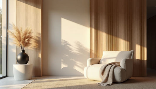 Luxury living space: golden hour, lime wash, fluted oak, corduroy armchair, concrete decor.