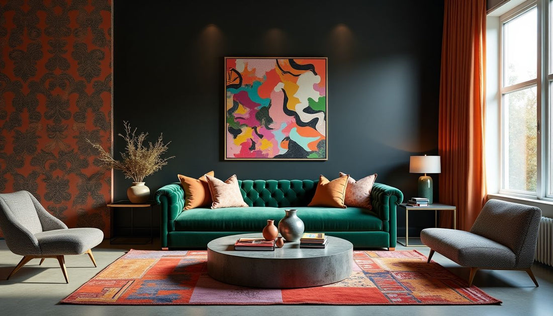 Opulent, eclectic lounge with contrasting patterns, maximalist mural & Damask wall.