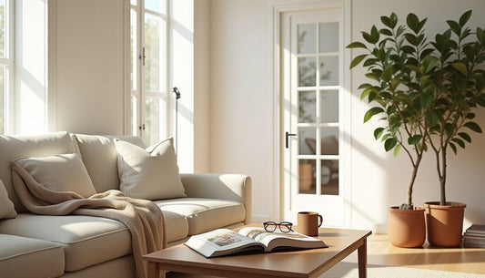 Chic, lived-in living room: sun-drenched, minimalist, cream sofa, plants, cozy details.