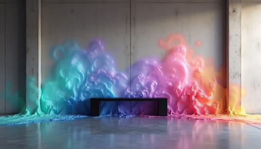 Erupting aurora-like color transforms a minimalist industrial loft interior.