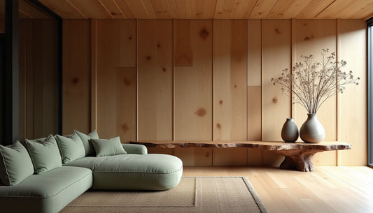 Serene living room with reclaimed oak accent wall, sage linen sofa, live-edge walnut console.