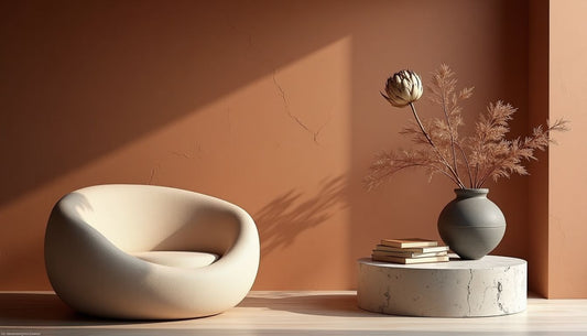 Photorealistic textured living space: terracotta wall, silk chair, protea, concrete table.