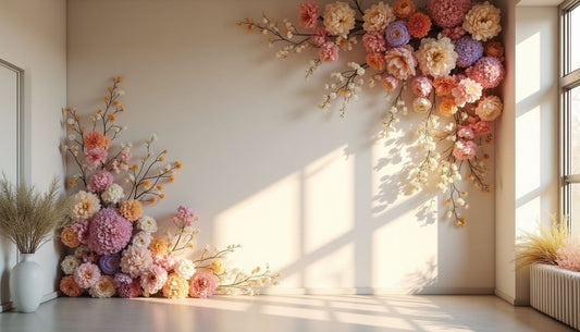 Sun-drenched meditation corner with intricate floral wall art: dried lunaria, sweet peas & roses.