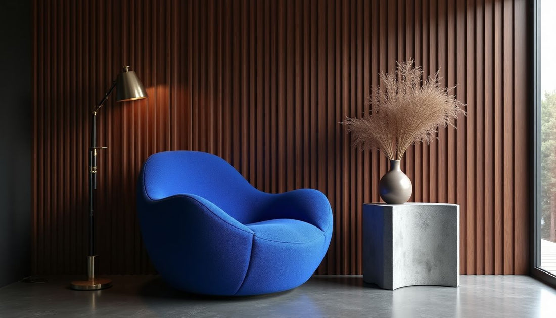 Bespoke living: fluted walnut wall, cobalt boucle chair, brutalist concrete table, dried plant.