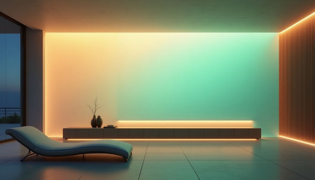 Modern living room with glowing architectural feature wall, aurora effect lighting, minimalist design.