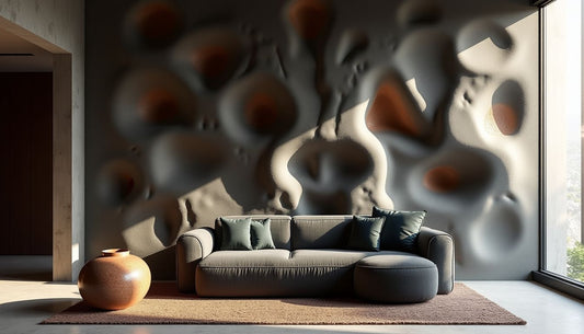 Deeply textured basalt & plaster sculptural wall in avant-garde interior design.