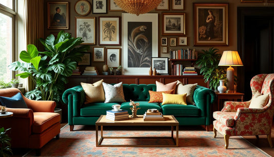 Maximalist living room: emerald velvet sofa, eclectic art, books, lush plants & layered rugs in warm light.
