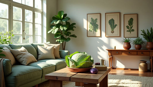 Rustic Cabbagecore living room, savoy cabbage centerpiece, Brassica botanical decor, earthy tones.