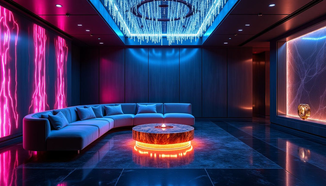 High-voltage luxury lounge: dynamic LED walls, velvet sofa, glowing onyx table, abstract art.