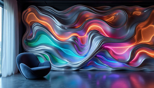 Modern avant-garde interior: iridescent liquid metal wall, dark bouclé lounge chair.