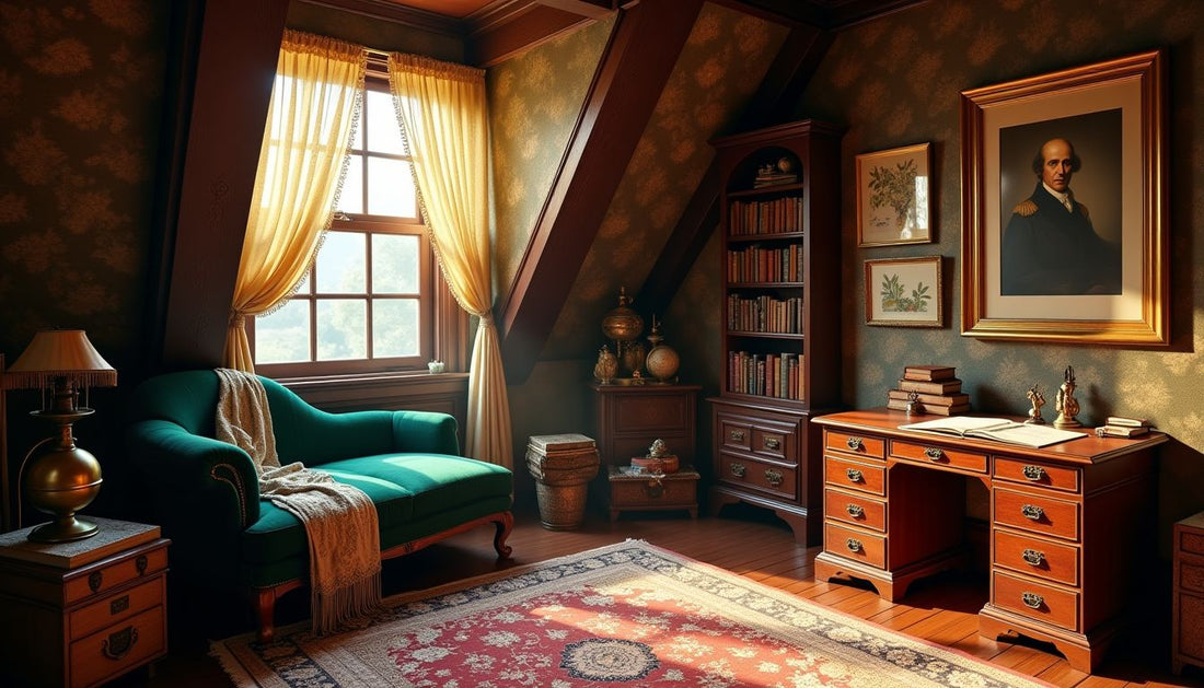 Luxurious maximalist attic study: velvet chaise, antique books, ornate desk, golden light.