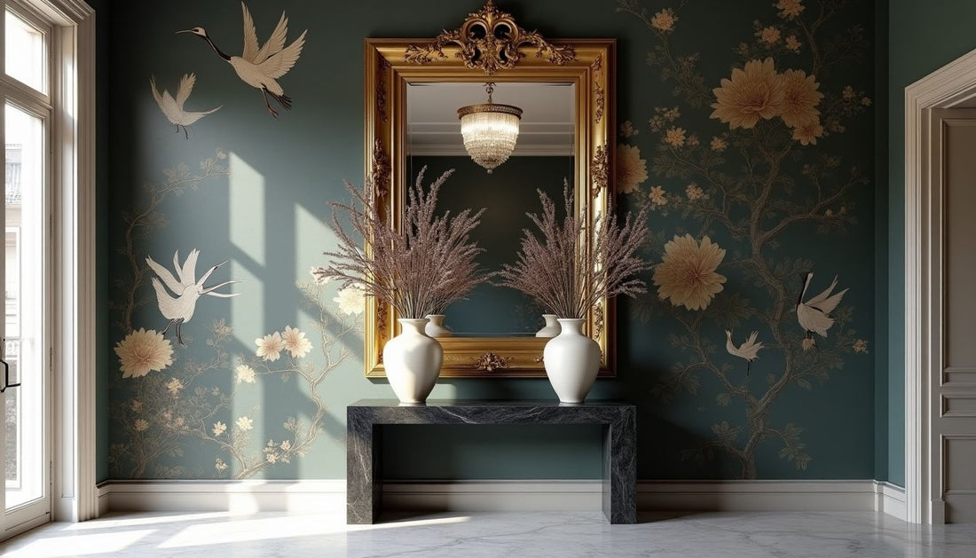 Chinoiserie crane wallpaper, luxury drawing room with marble console, sculptural urns, gilded mirror.