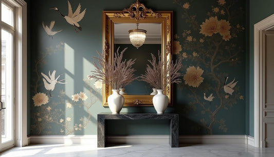 Chinoiserie crane wallpaper, luxury drawing room with marble console, sculptural urns, gilded mirror.