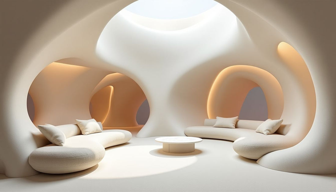 Luxury biomorphic interior: flowing organic sculpted alabaster walls, futuristic design.