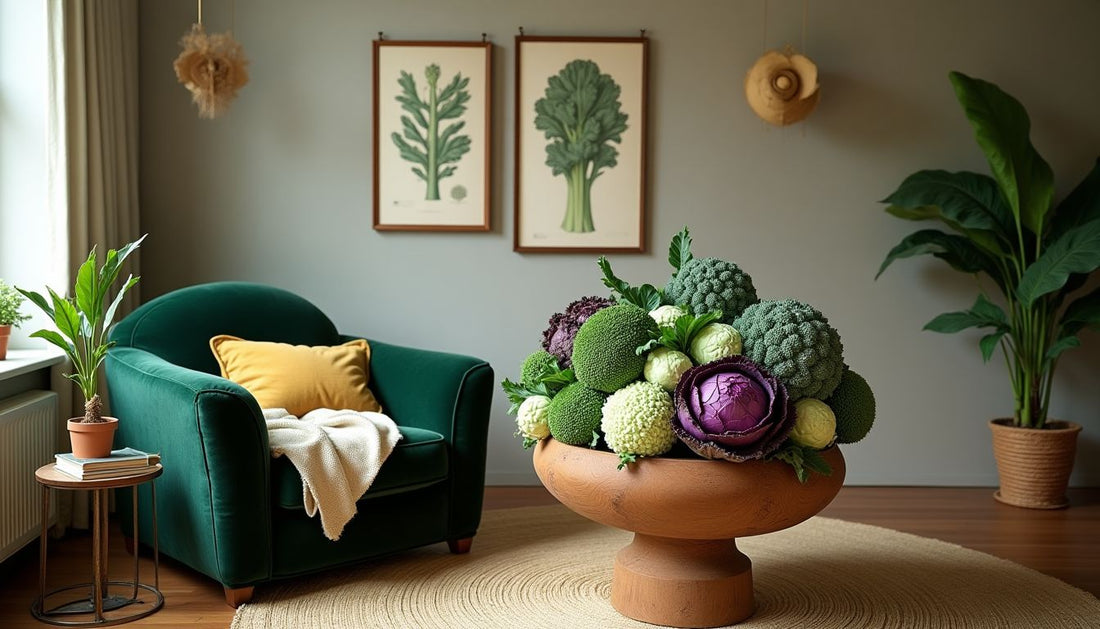 Cabbagecore living room, velvet armchair, oak table with cabbages, kale, botanical art.