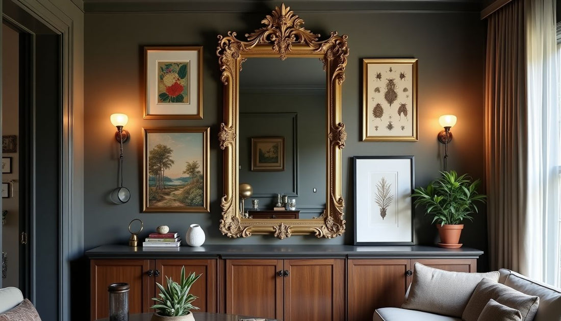 Curated maximalist accent wall featuring ornate gold mirror, diverse art, shelf, and plant.