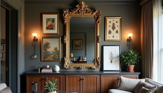 Curated maximalist accent wall featuring ornate gold mirror, diverse art, shelf, and plant.