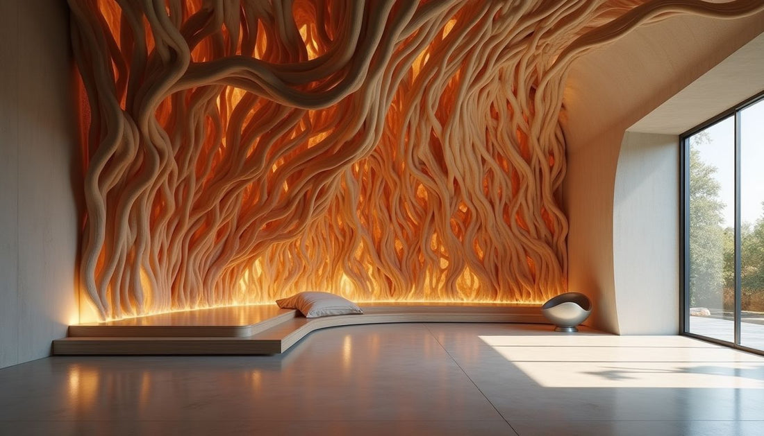 Undulating reclaimed redwood ribbon sculpture on gallery wall, dramatic shadows.