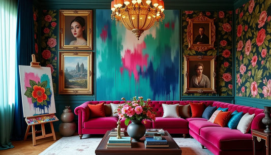 Intervention Uprising: Opulent maximalist room with vibrant art, gallery wall & velvet sofa.