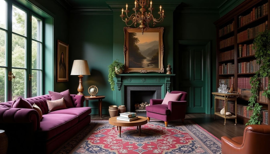 Hollywood Cottage living room: jewel tones, velvet sofa, antique books, vintage decor, curated luxury.