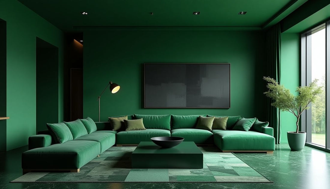 Dramatic emerald green living room with plush velvet sofa, polished marble, and modern design.