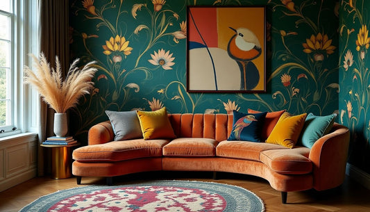 Maximalist jewel-toned lounge: Art Nouveau wallpaper, geometric sofa, Boucherouite rug.