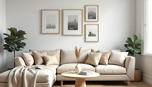 Bland aspirational living room corner with beige sofa, faux plant, and generic decor.