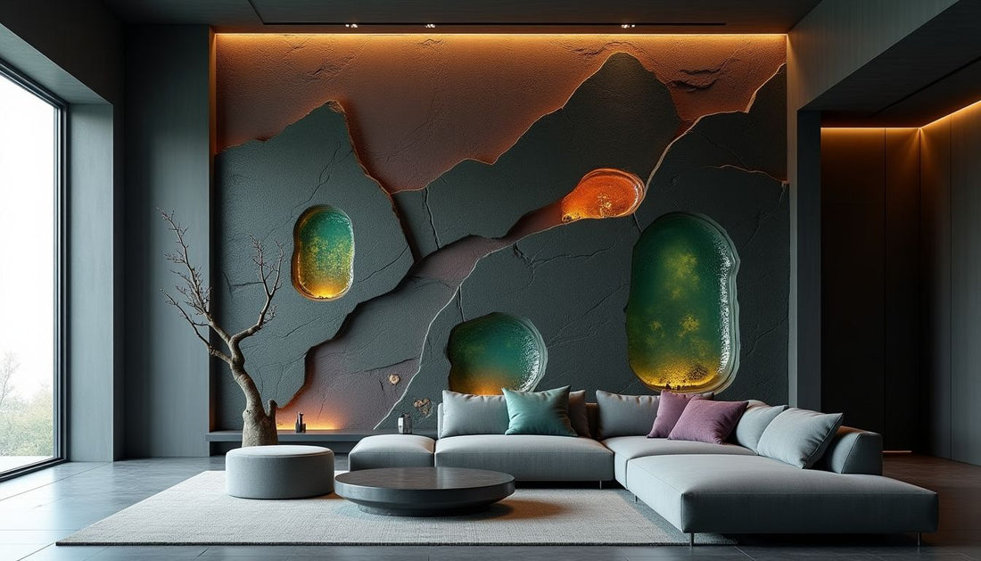 Dramatic multi-layered statement wall: obsidian, velvet, iridescent glass, carved patterns, modern living.