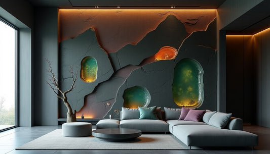 Dramatic multi-layered statement wall: obsidian, velvet, iridescent glass, carved patterns, modern living.