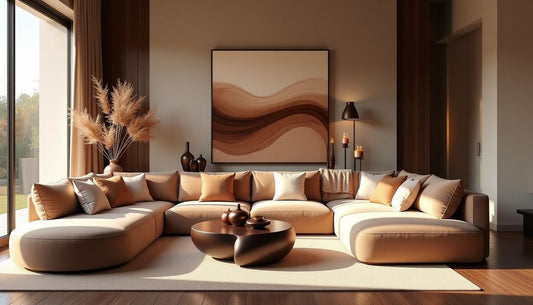 Sophisticated mocha mousse living space: velvet sofa, dark wood, and warm light.
