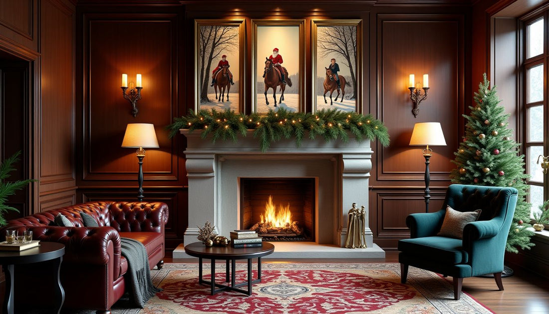 Luxury Ralph Lauren Christmas lodge living room, fireplace, triptych art, leather sofa.