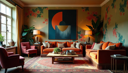 Maximalist thrift store room, chaotic, anchored by sophisticated contemporary abstract art.