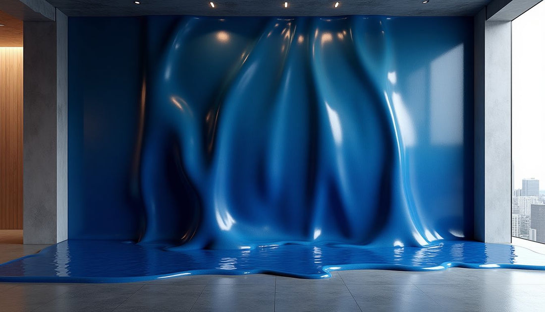 Molten indigo lacquer sculpted wall, high-gloss, liquid texture, minimalist interior.
