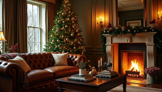 Elegant Ralph Lauren Christmas living room with tree, roaring fire, and leather Chesterfield sofa.