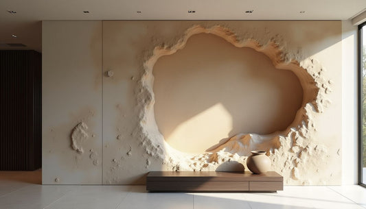 Ultra-modern living room with a sculpted, textured plaster wall art in earthy tones.