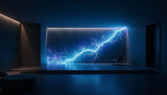 Luxury living space with futuristic bio-electric light wall, glowing blue and purple energy.