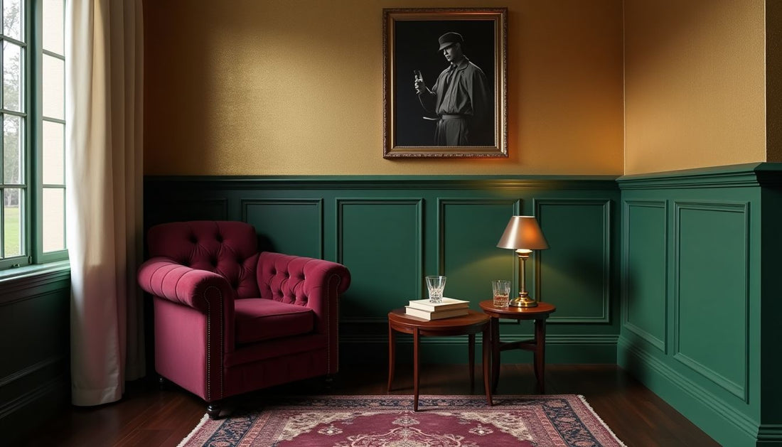 Hollywood Cottage reading nook. Emerald wainscoting, gold grasscloth, burgundy velvet armchair.