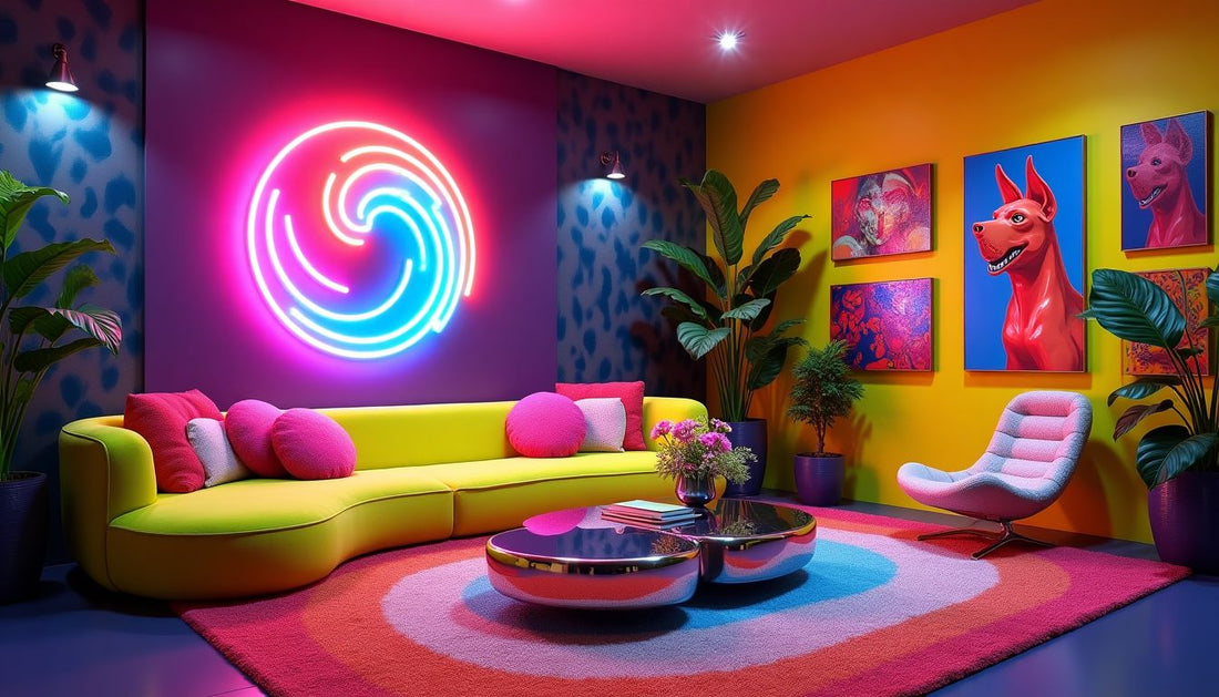 Dopamine decor maximalist lounge: vibrant colors, bold patterns, unique furniture & neon art.