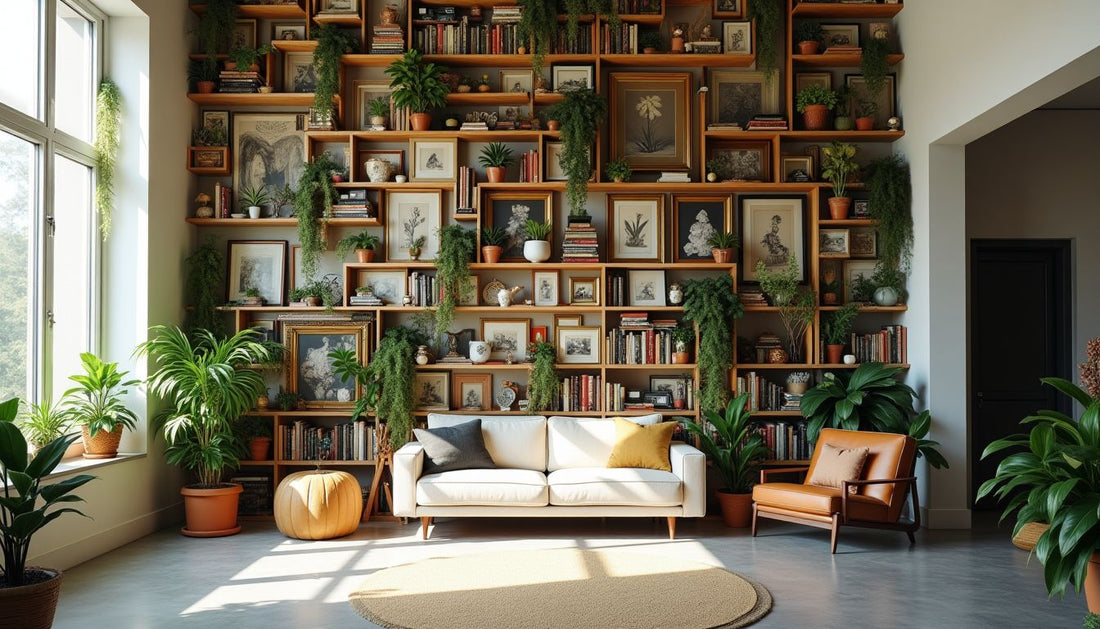 Vibrant Cluttercore feature wall with frames, books, plants in minimalist room. Photorealistic.