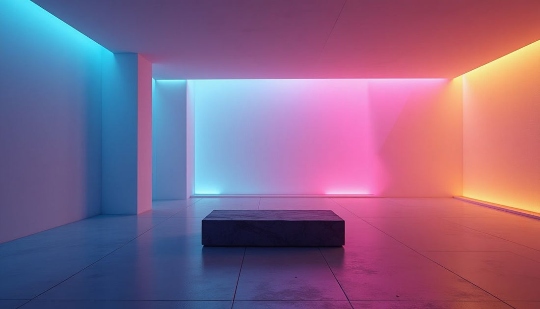 Minimalist modern interior: atmospheric sapphire-fuchsia-gold gradient, dynamic light, sleek bench.