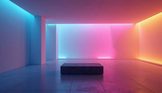 Minimalist modern interior: atmospheric sapphire-fuchsia-gold gradient, dynamic light, sleek bench.