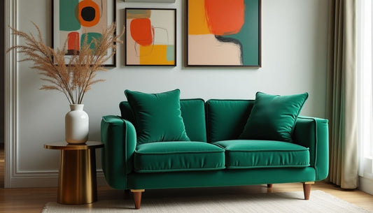 Emerald green velvet armchair, bronze side table, ceramic vase, dopamine decor gallery wall with colorful abstract art. Home decor.