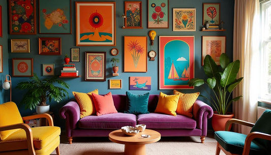 Vibrant "dopamine decor" living room with maximalist art wall, amethyst velvet sofa, and plants.