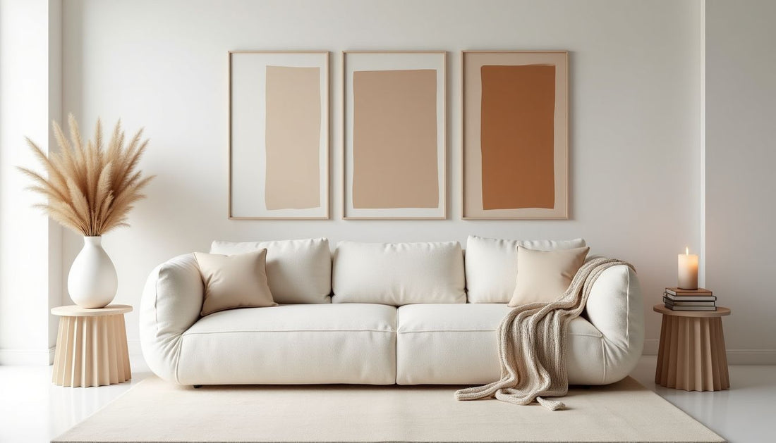 Uncanny, hyper-curated ultra-modern living room. Boucle sofa, pampas grass, sterile minimalism.