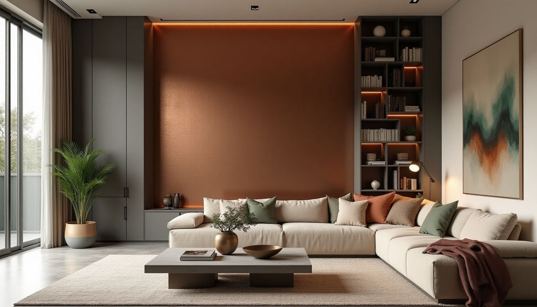 Sophisticated contemporary living room: copper textured wall, sage limewash, bouclé sofa, modern design.