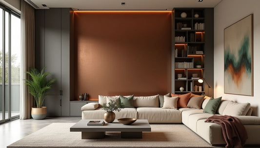 Sophisticated contemporary living room: copper textured wall, sage limewash, bouclé sofa, modern design.
