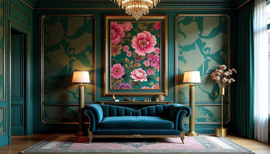 Opulent maximalist interior with Art Deco, Chinoiserie, textile art walls & sapphire velvet chaise.