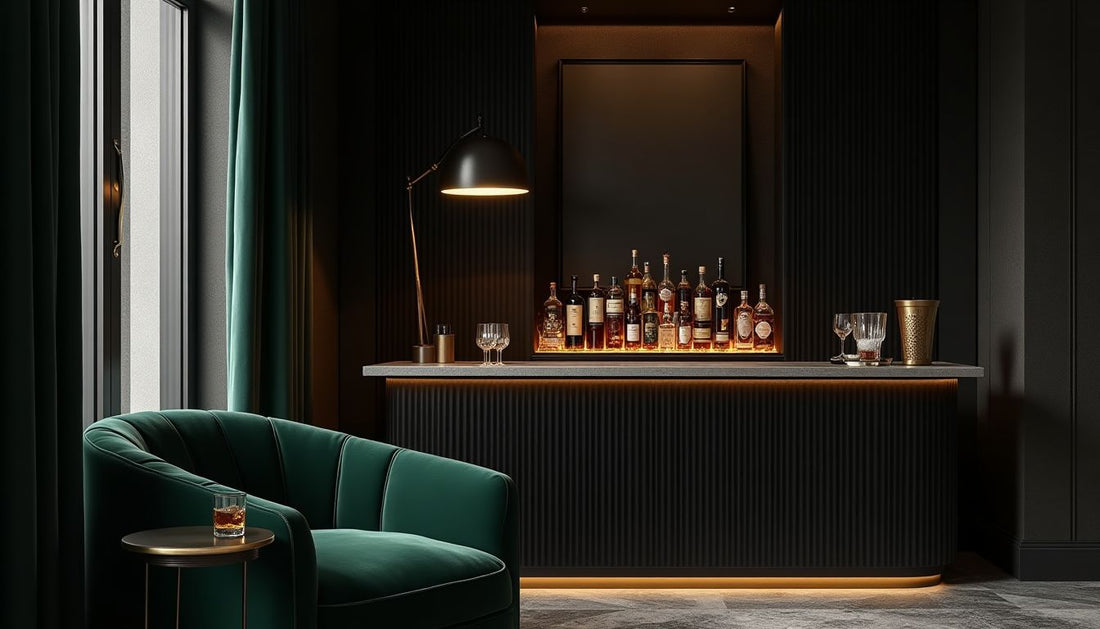 Moody luxury hotel suite bar, dark emerald velvet armchair, ebony cabinet, whiskey, brass table.