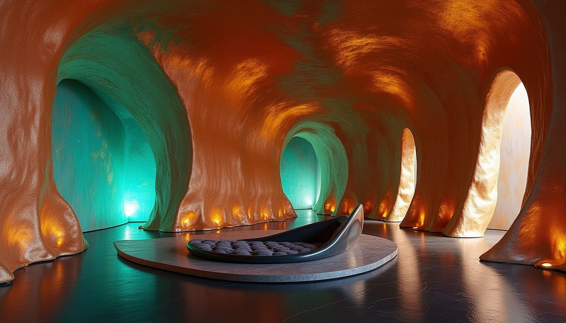 Maximalist luxury interior: iridescent metallic, jewel-toned undulating geode surfaces, sculptural design.